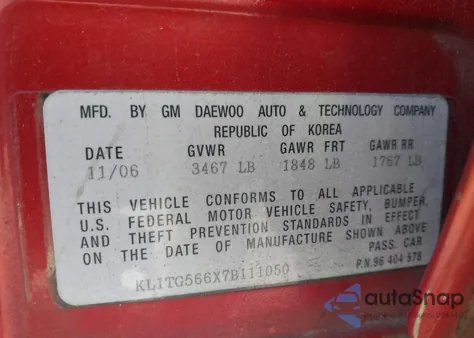 2007 Chevrolet Aveo Lt from USA, damaged, VIN KL1TG566X7B111050